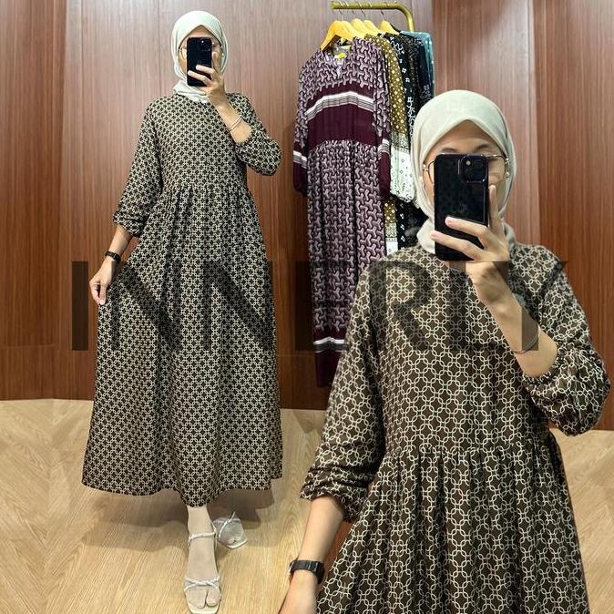Innerly Midi Dress Rayon Motif Busui Lengan Karet