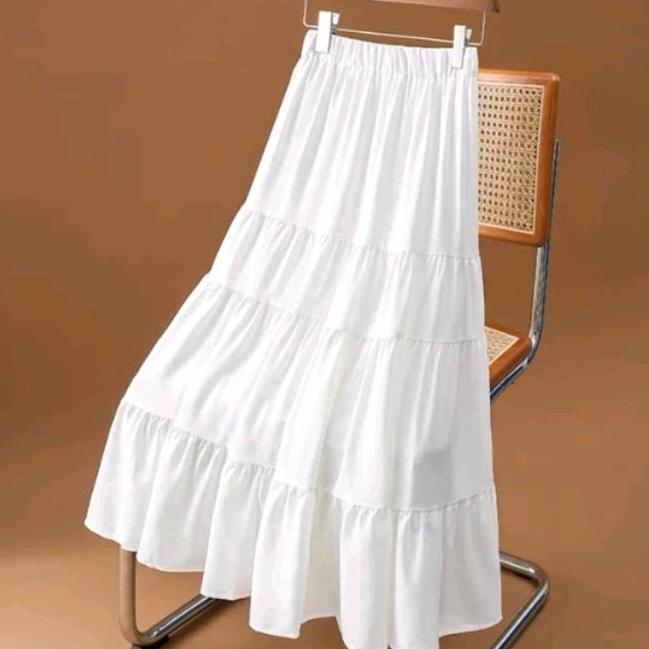 Rok Susun Wanita Muslim Putih Terbaru Bahan Crinkle Premium Panjang Bawahan Hitam Kerja-Rok Rempel P