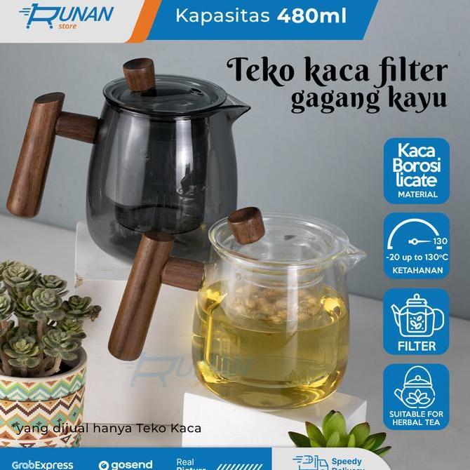 Teko Teh Kaca Infuser Tahan Panas Gagang Kayu Teko Saringan Teh