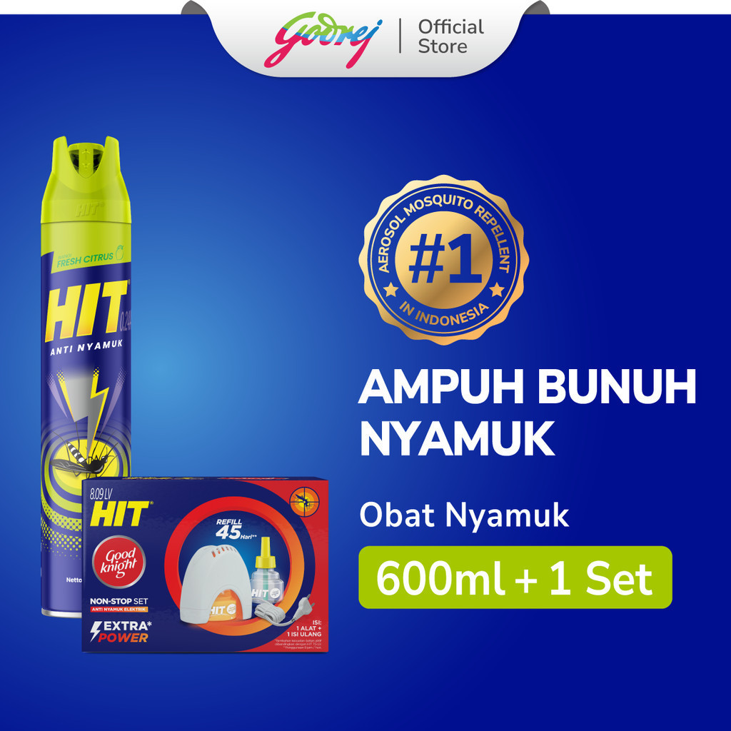 Hit Aerosol Fresh Citrus 600ml + Hit Good Knight Non Stop Set - Obat Nyamuk Elektrik - Bunuh Nyamuk 