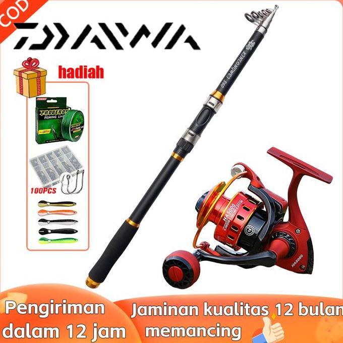 Set Pancing Daiwa Komplit | Telescopic Fishing Rod 2.1-3.6M + Reel 1000-7000 + Senar 100M + Umpan | 