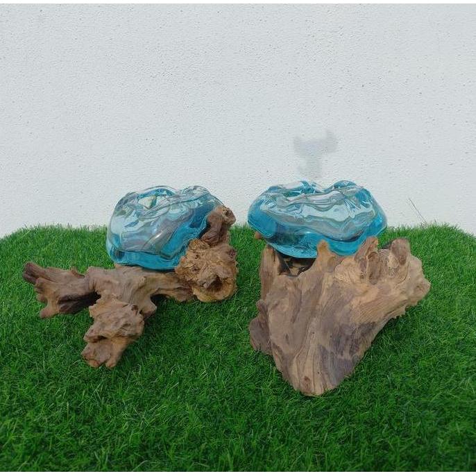 // ASBAK KACA TIUP ALAS KAYU DEKORASI KERAJINAN BALI HOME DECOR UNIK //