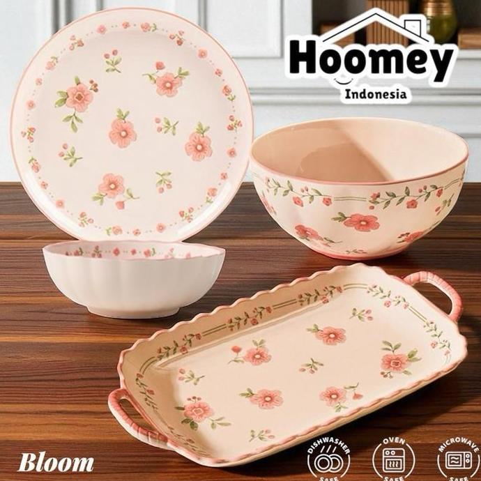 BANGPREDI321 - PIRING KERAMIK BLOOM - MOTIF BUNGA PINK MERAH MUDA, PIRING & MANGKOK ELEGAN ALA JEPAN