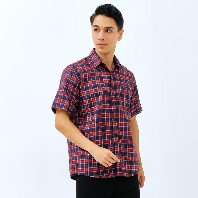 WD & Co. Kemeja Kerja Pria Formal Lengan Pendek Reguler Motif Kotak-Kotak Oxford | Hem Pria Panjang 