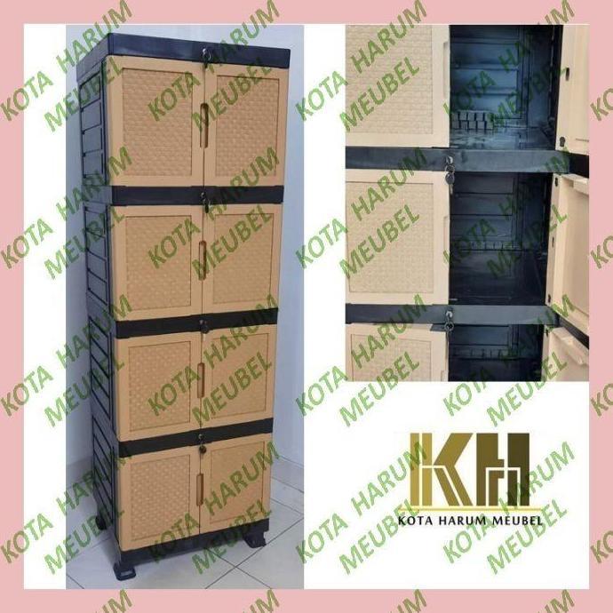 BEBAS ONGKIR - lemari plastik portable portabel 4 tingkat coklat pakai kunci bandung