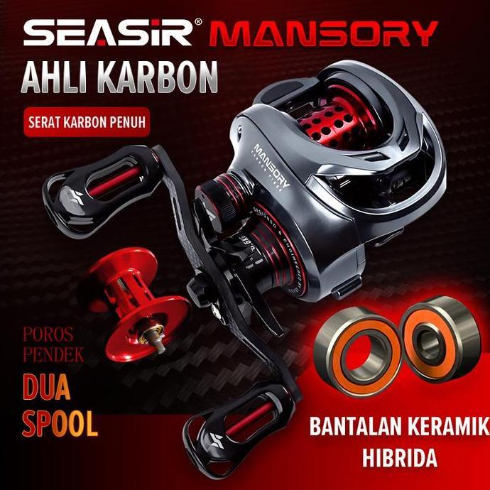 SEASIR MANSORY Reel Pancing Baitcasting, Kiri/Kanan 2 Kumparan + Gagang Pegangan Rangka Serat Karbon