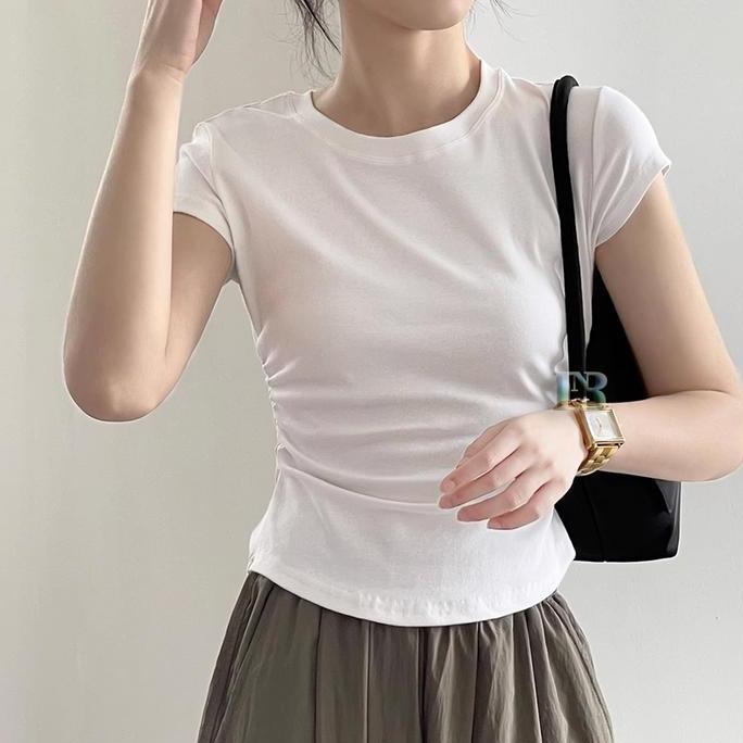 DE68 - Atasan Kaos Serut Samping Lengan Pendek Bahan Cotton 40S Crop Top Korean Style Kasual Casual 