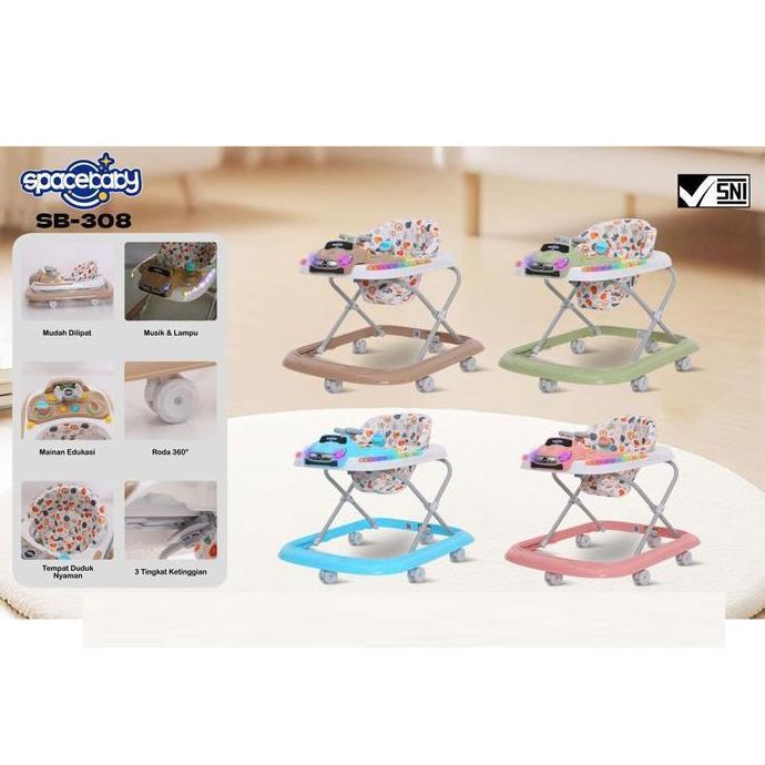 SPACEBABY BABY WALKER SB-308 CAR ADA MUSIK & LAMPU Dilengkapi Mainan Edukatif Roda 360 Ketinggian Ad
