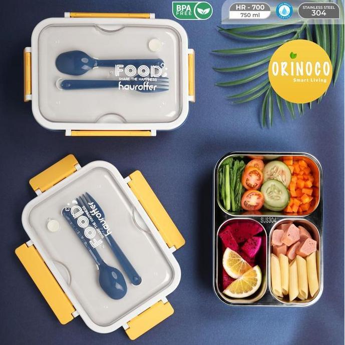 Orinoco Lunchbox Stainless 3 Sekat Anti Bocor Anti Campur with Silikon Lid 750 ML Kotak Makan dengan