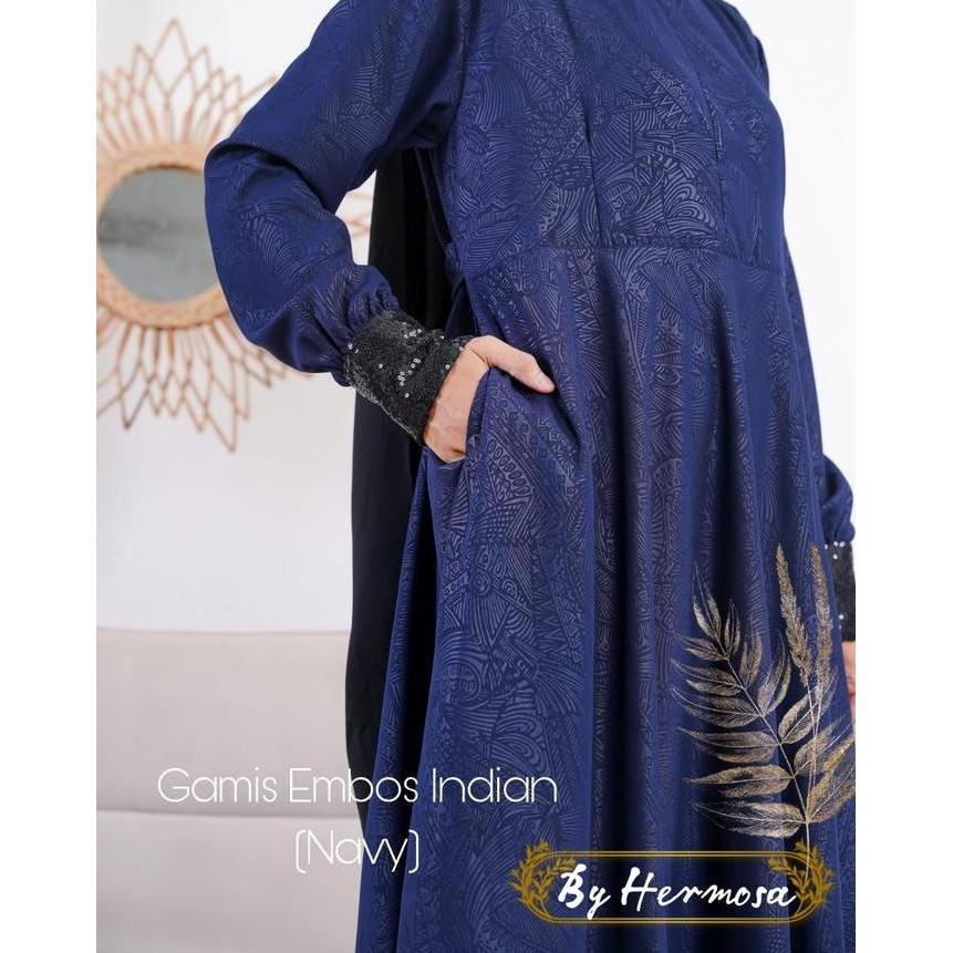 [Gamis Hermosa] Gamis hermosa embos motif Indian navy-gamis biru dongker-gamis motif embos syari bir
