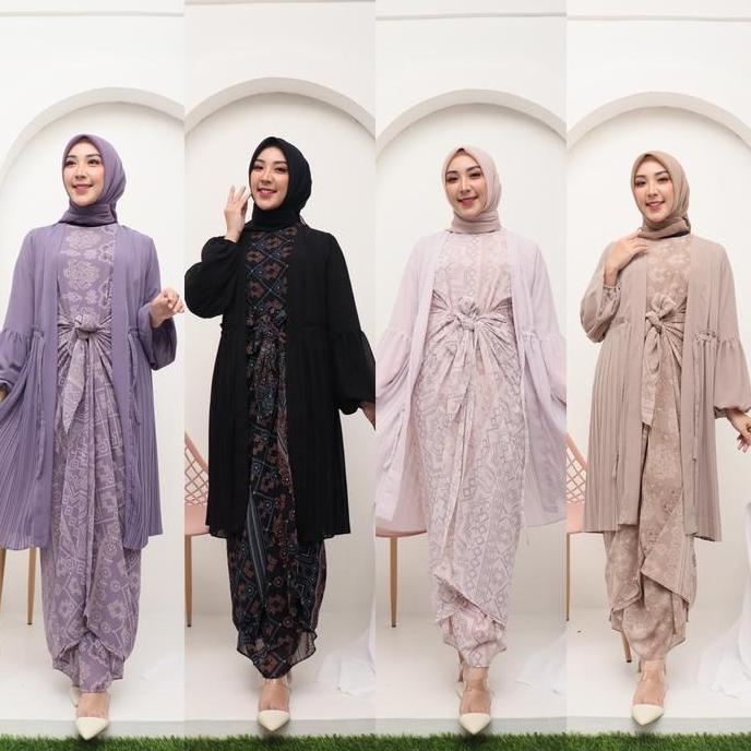 SET ZALVA KAFTAN IKAT CERUTI MOTIF PLISKET GIES 168 KAFTAN DRESS KEKINIAN Dress Fit Muslim Kondangan