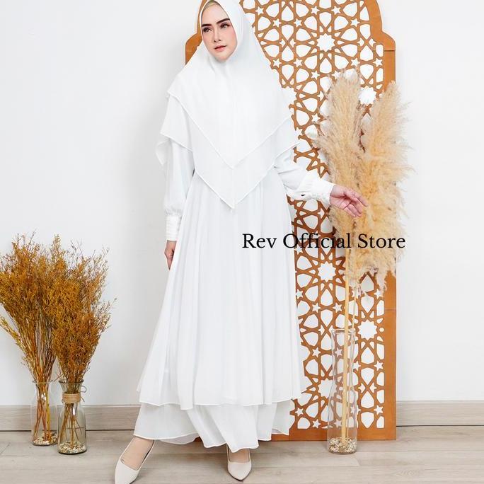 Gamis Rev Set Khimar Wanita Syar'i Busana Haji dan Umroh Putih Ceruty  Mewah Terlaris