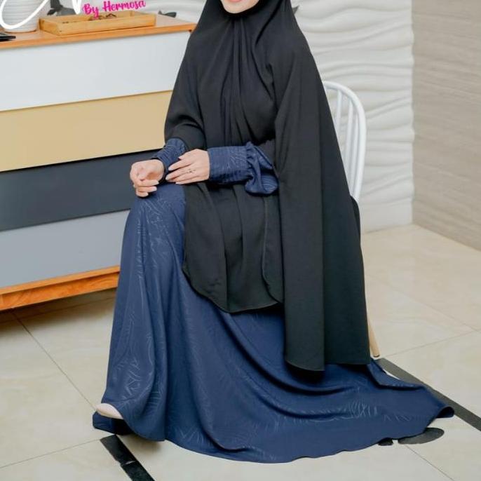 [Gamis hermosa] Gamis embos hermosa motif abstrak bahan yoris caltri-Gamis navy/gamis biru dongker/g