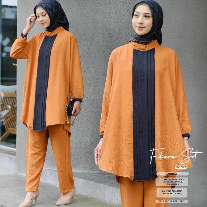 Fikara Setelan Wanita Muslim Airflow Motif Polos One Set Baju Celana Hijab Style