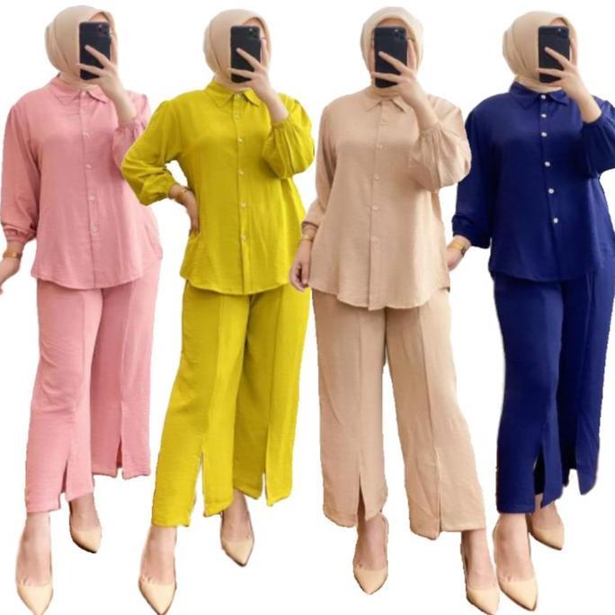 Setelan Polos Cringkle Airflow Premium - One Set Moza Blouse Dan Kulot Kekinan