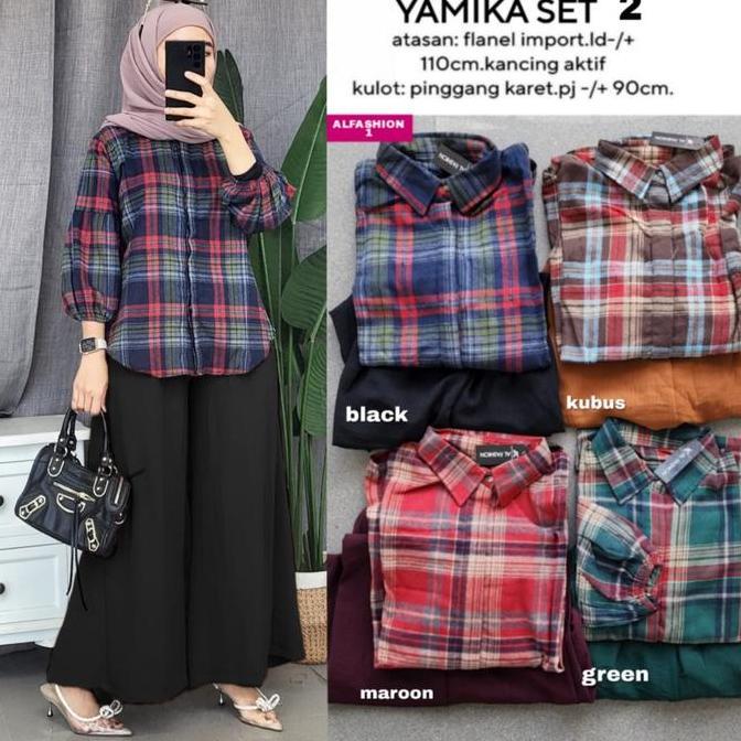 Setelan Yamika Set 2 3 Kemeja Lengan Panjang Blouse Bahan Flanel Celana Kulot Crinkle LD 110cm PJ Ce
