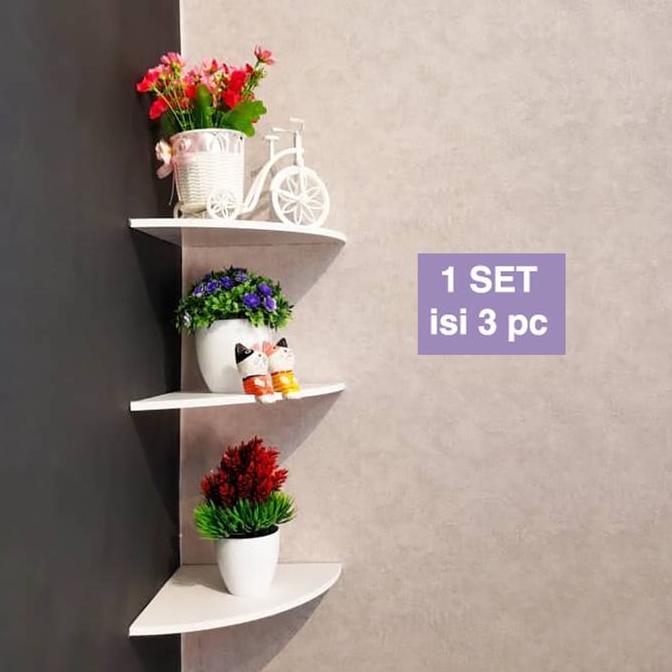 Rak Sudut Ambalan dinding Ruang Tamu Minimalis Susun 3 pc Pajangan Putih