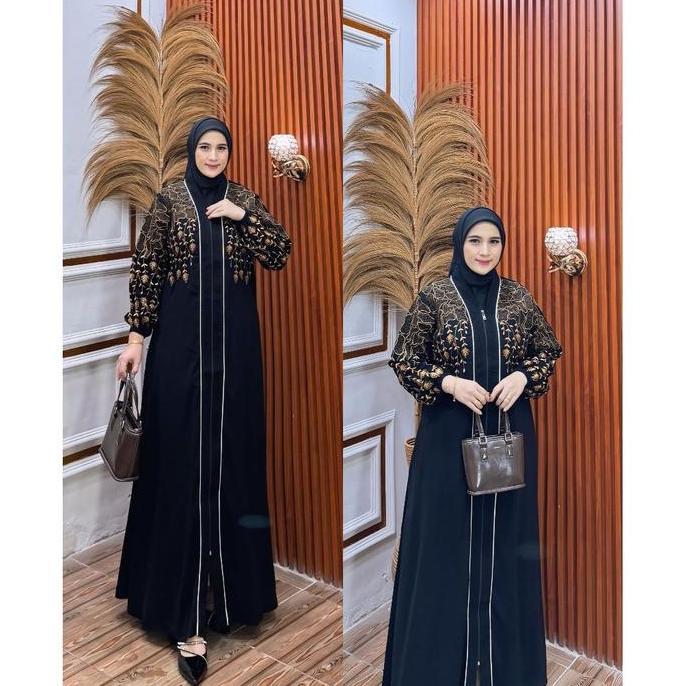 Gamis Abaya Turkey Jetblack Bordir Bunga Eucalyptus Gold Muslim Kombinasi Bordir Turki Arab Wanita U