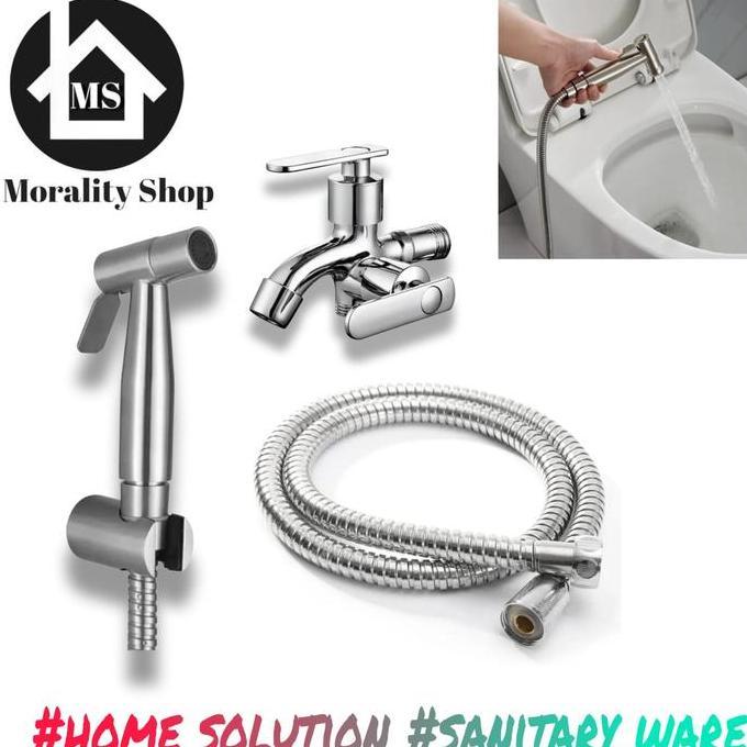 Paket Hemat Jet Shower Cebok Kloset Stainless Set Kran Air Cabang 2 Minimalis Ff / Rt