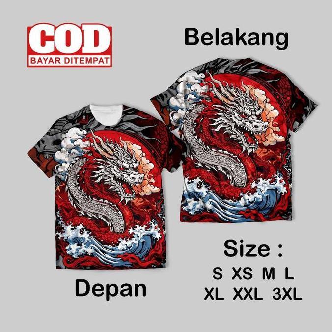 Kaos Fullprint Big Dragon Monster Keren | Kaos AOP Moster Dragon Wave Red New Terbaru Depan Belakang