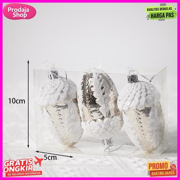 Promo 3Pcs Hiasan Natal Silver Acorn Biji Pohon Ek Ornamen Gantungan Pohon Natal Dekorasi Christmas 
