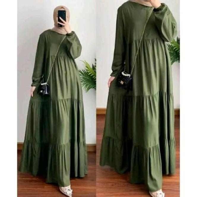 Maksi Dress Syar'I Susun Polos Bahan Katun Rayon Premium Setandar Jumbo Navy Putih Hitam Cokelat Gam