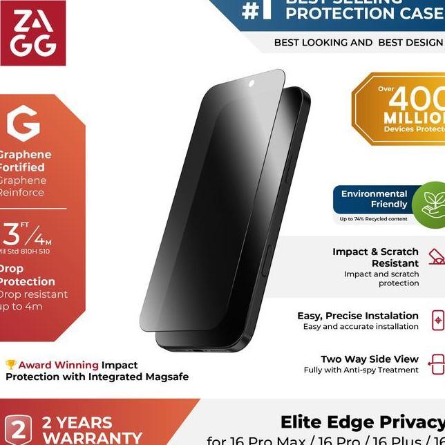 Zagg Tempered Glass Elite Privacy Compatible For 16 Pro Max 16 Pro Screen Protector