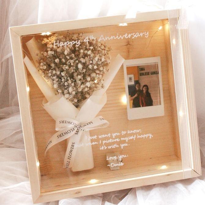 Promo Dried flower frame import - 3D wood box with lamp Kaca Kado kotak kayu lampu acrylic foto COD