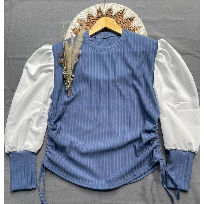 DF100 - HORNET Blouse kinan Buff Sleeve Serut kiri kanan Kombinasi Satin