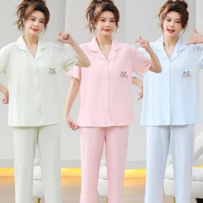 DV381 - Piyama setelan cp polos bordir baju tidur import bisa buat ibu busui  lengan pendek celana p