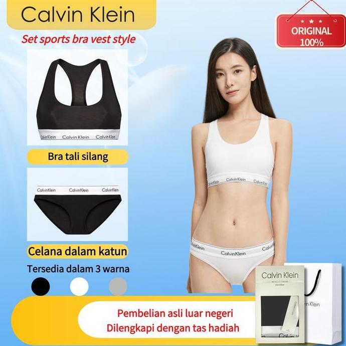 Setelan pakaian dalam wanita Calvin Klein asli - bra olahraga tanpa kawat dan set celana dalam bikin