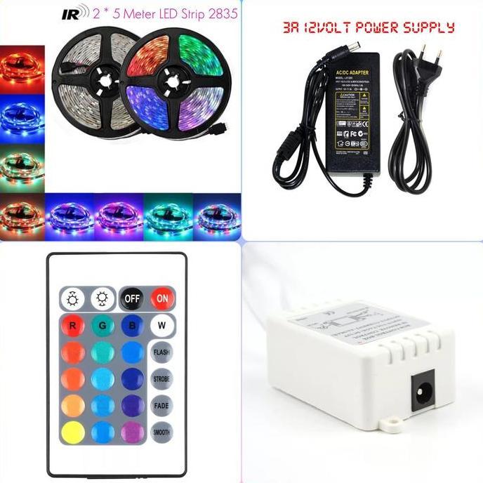 LAMPU FLEXIBLE LED 10 METER STRIP RGB 2835 REMOTE + ADAPTOR RESTOCK