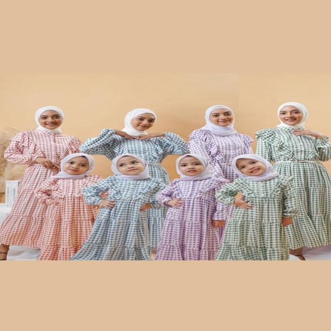 Gamis Couple Motif kotak couple/gamis kotak rempel couple Dress Ibu Merah Muslim Panjang Wanita Pasa