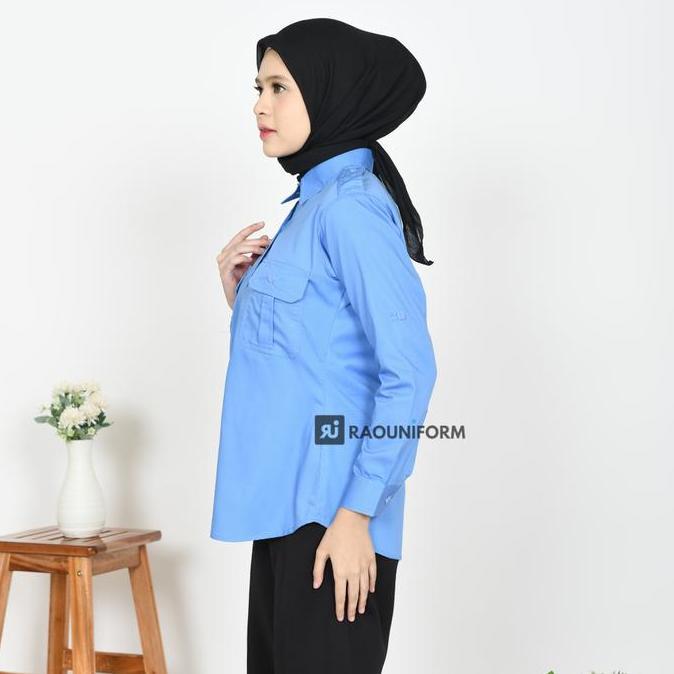 Raouniform Baju Seragam Pns Biru Muda Wanita Kemeja Pdl Guru Lengan Panjang American Drill S-4Xl