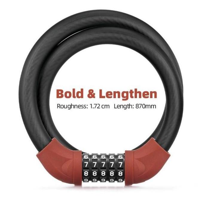 Rockbros Rks870 Red Kunci Gembok Sepeda 87Cm Bicycle Bike Lock Steel