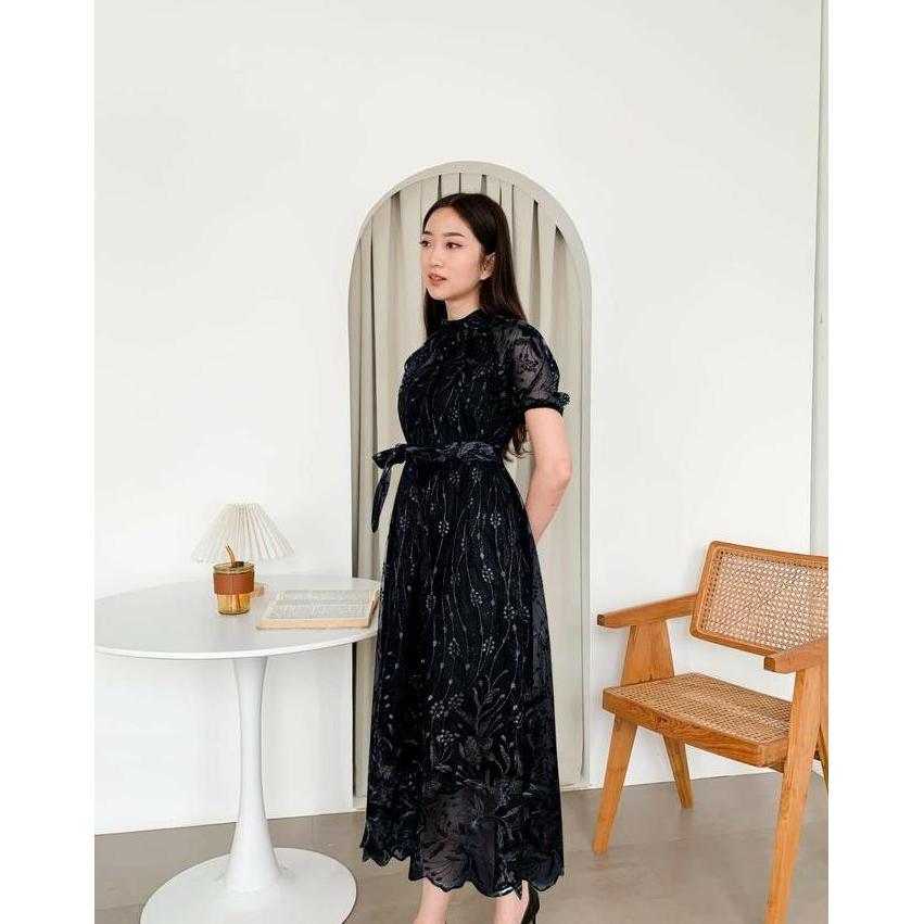 Dress wanita Terbaru korean style elegan kekinian lengan pendek annabelle Brokat Casual Karet Mutiar