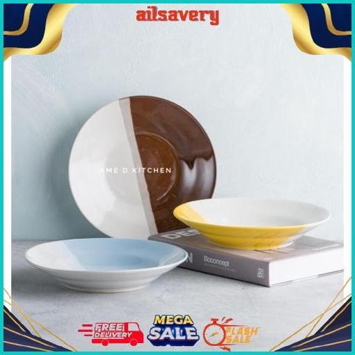 Grosir Piring Makan Bijian Keramik 8" Two Tone 2 Warna Coklat/Biru/Pink