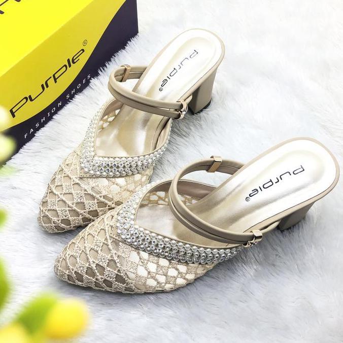Sandal High Heels Pesta Wanita Brokat Purple Shoes Original