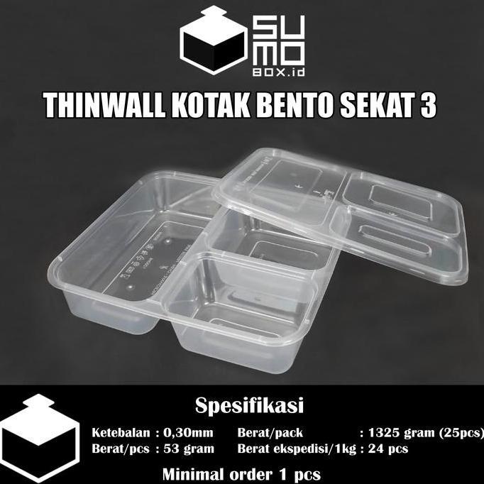 New- Bento 3 Sekat + Tutup / Thinwall Bento Sekat / Box Kotak Nasi Plastik