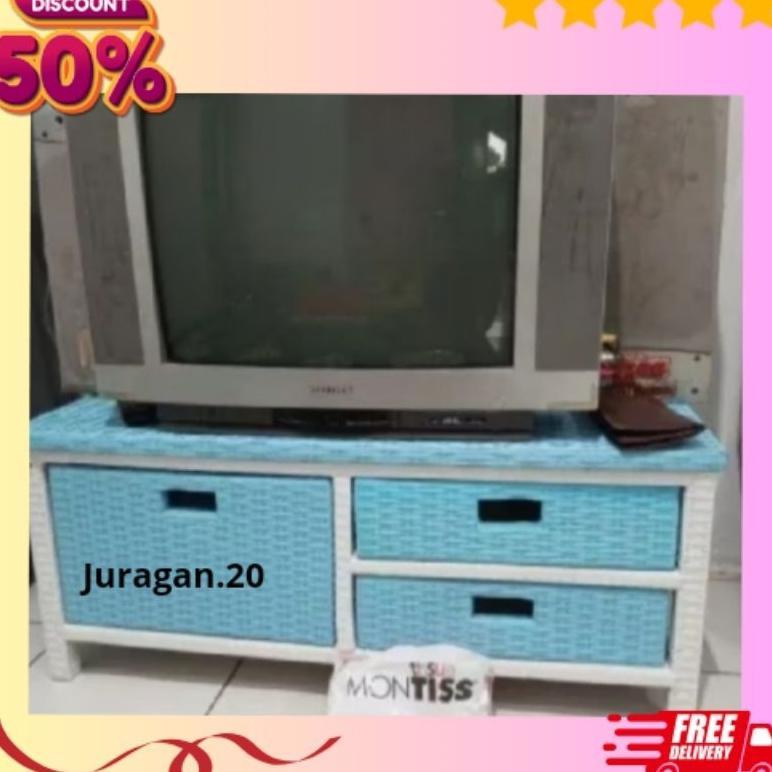 Meja Tv Rotan Sintetis Meja Rak Laci 3 Serbaguna