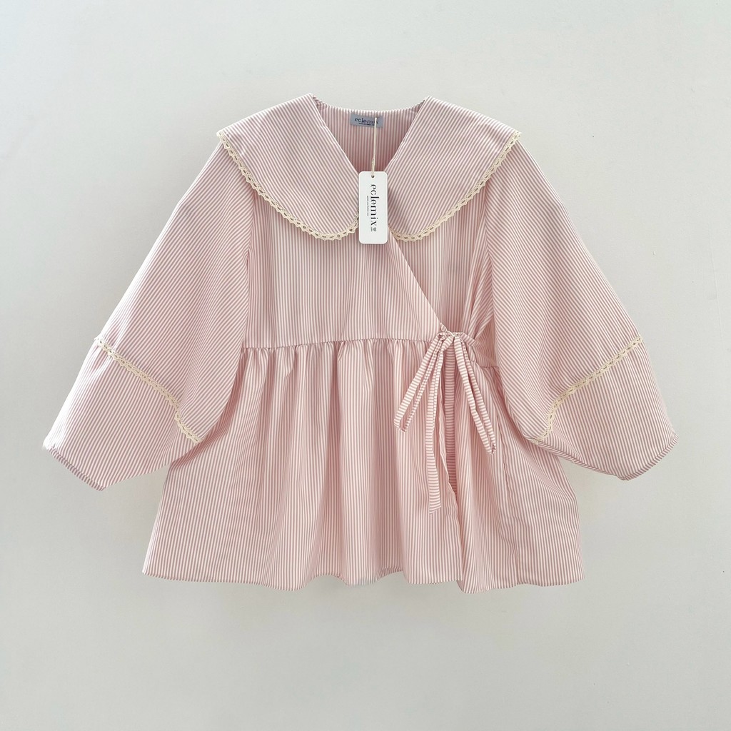 Eclemix Blouse Wanita Korean Style - Top Ryusa  - Atasan Kimono Kerah Peter Pan Motif Stripes