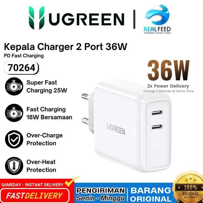 BEBAS ONGKIR - Kepala Charger 2 PORT USB Type C PD 36W Fast Charging CD199 Ugreen 70264 Garansi Resm