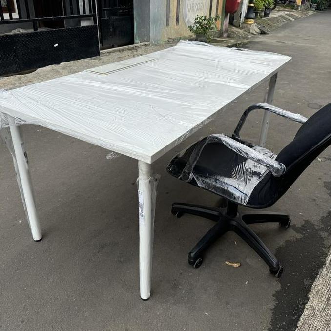 Terlaris Meja Kantor Putih Minimalis Kaki Besi Ikea 160X75Cm, Ada Bolongan Kabelnya