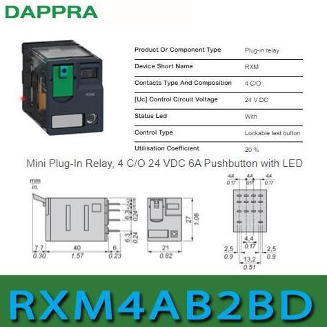 RXM4AB2BD Relay 24VDC 650Ohm 6A 4PDT RXM Series Power relay OH72
