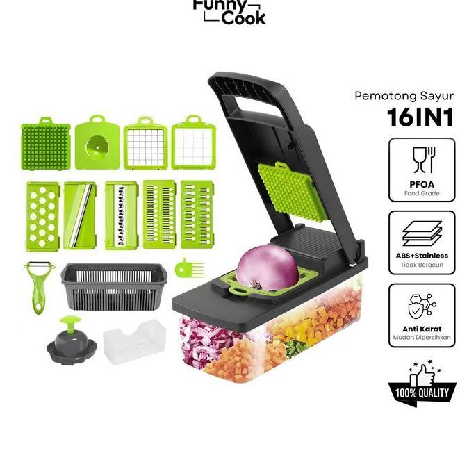 16In1 Funnycook Parutan Sayur Buah 16In1 Pemotong Serbaguna Dengan Wadah Kitchenware