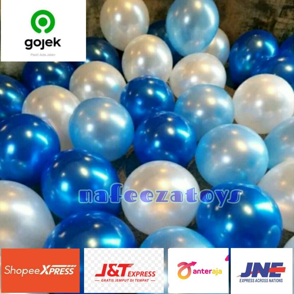Fausto {Isi 30 Pcs} Mix Balon Metalik Biru Tua Biru Muda Putih / Balon Latex / Balon Metalik 12 Inch