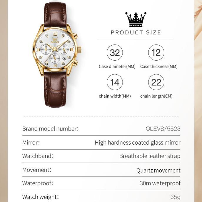 OLEVS Jam Tangan Wanita Anti Air Tali Kulit Original Luxury Bercahaya Kalender Quartz Watch Woman 55