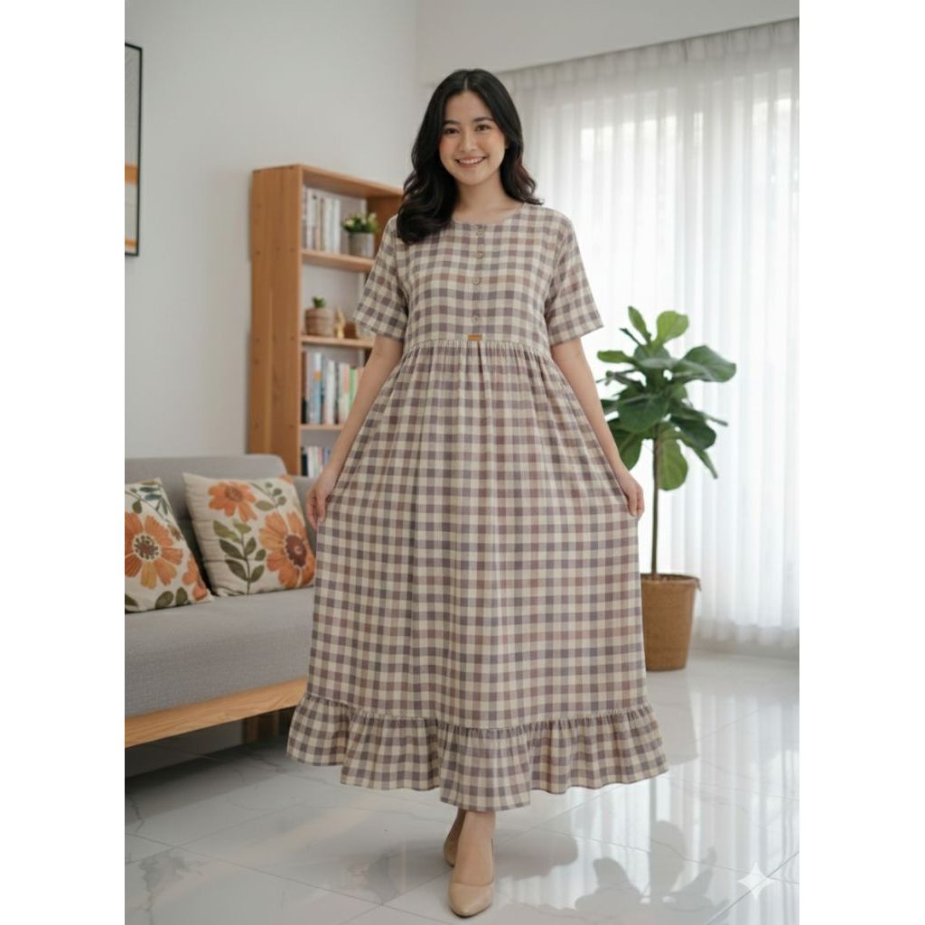 Delivebusana- Dress crinkle Delive lengan pendek motif bunga //Dress motif kotak //Homey dress crink