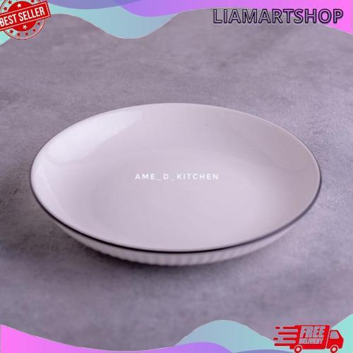 Harga Grosir Piring Bijian Bulat 8" Keramik Putih Texture Garis Pelipit