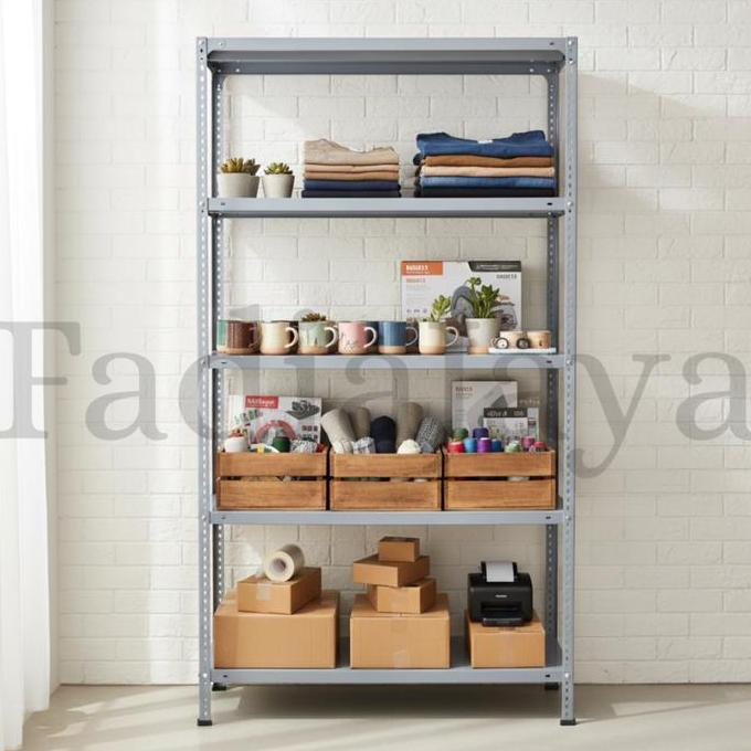 Terlaris Rak Ambalan Besi Siku Lubang 5 Susun Tingkat Gudang Kayu Plastik Penyimpanan Rumah Kantor W